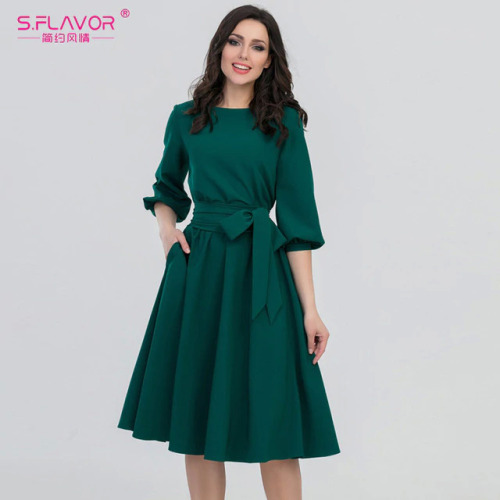 S.FLAVOR 2019 Women Fashion vintage Dress Green O-Neck Elegant A line dress puff sleeve vestidos Party Summer dress no pocket