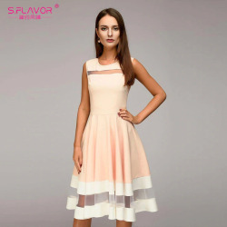 S.FLAVOR 2019 Women elegant knee-length dress sexy mesh patchwork O-neck A-line Vestidos women summer Sleeveless party dress