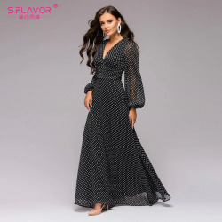 S.FLAVOR Bohemian Retro Dot Printed Women Party Dress Spring Summer Deep V-neck Sexy Long Sleeve Chiffon Long Dress Vestidos De