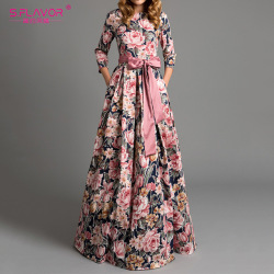 S.FLAVOR Bohemian printing long dress O-neck 3/4 sleeve big hem women spring summer dress elegant casual vestidos de