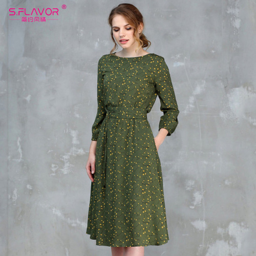 S.FLAVOR Casual Women Spring Summer A-line Dress O-neck Three Quarter Sleeve Knee-length Dress Female Elegant Printing Vestidos