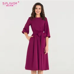 S.FLAVOR New Spring Summer Dress O-Neck three quarter sleeve elegant party vestidos Women vintage dress soild color no pocket