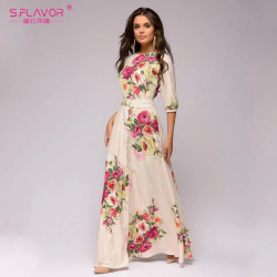 S.FLAVOR Spring Summer vestidos de festa Hot sale O-neck half lantern sleeve long dress for female Elegant Bohemian women dress