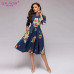 S.FLAVOR Vintage Women Floral Printed Navy A-line Dress Elegant O-neck 3/4 Sleeve Slim Party Vestidos Spring Summer Casual Dress