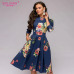 S.FLAVOR Vintage Women Floral Printed Navy A-line Dress Elegant O-neck 3/4 Sleeve Slim Party Vestidos Spring Summer Casual Dress