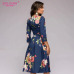 S.FLAVOR Vintage Women Floral Printed Navy A-line Dress Elegant O-neck 3/4 Sleeve Slim Party Vestidos Spring Summer Casual Dress