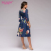 S.FLAVOR Vintage Women Floral Printed Navy A-line Dress Elegant O-neck 3/4 Sleeve Slim Party Vestidos Spring Summer Casual Dress