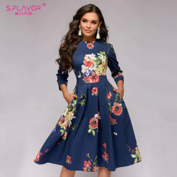 S.FLAVOR Vintage Women Floral Printed Navy A-line Dress Elegant O-neck 3/4 Sleeve Slim Party Vestidos Spring Summer Casual Dress