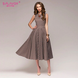 S.FLAVOR Vintage dress 2019 Summer New sleeveless O-neck vestidos Women elegant thin dot printing Mid-Calf casual dress Female