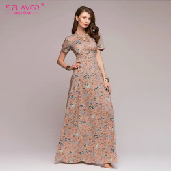 S.FLAVOR Women Casual long dress 2019 Spring Summer fashion printing short sleeve vestidos Bohemian style elegant O-neck dress