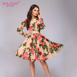 S.FLAVOR Women Long SLeeve Florl Print Dress Knee Length Casual A Line Dress Elegant Spring autumn Women Party  Dresses Vestidos