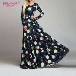 S.FLAVOR Women Retro Floral Printed Dress Fashion Long Sleeve O Neck Sexy Long Dresses Spring Summer Elegant Party Vestidos De