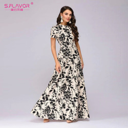 S.FLAVOR Women Summer Long Dress Short Sleeve Floral Print Boho Dress Elegant Party Dress Slim Sundress vestido de festa