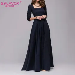 S.FLAVOR Women Vintage square collar long dress New Elegant solid color 3/4 sleeve party vestidos Casual Spring Summer dress