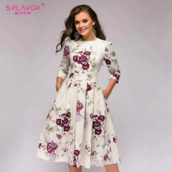 S.FLAVOR Women casual printing A-line dress Elegant three quarter sleeve Mid-calf vestidos female Autumn Winter dress NO Pockets