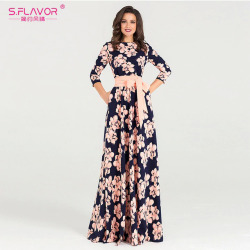 S.FLAVOR Women printing Spring Summer dress  Elegant O-neck loose long party dress for female Hot sale women vestidos No pockets