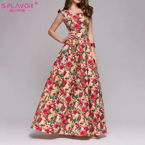S.FLAVOR Women printing party dress 2019 Popular sleeveless square collar sexy long vestidos Women Elegant spring summer dress