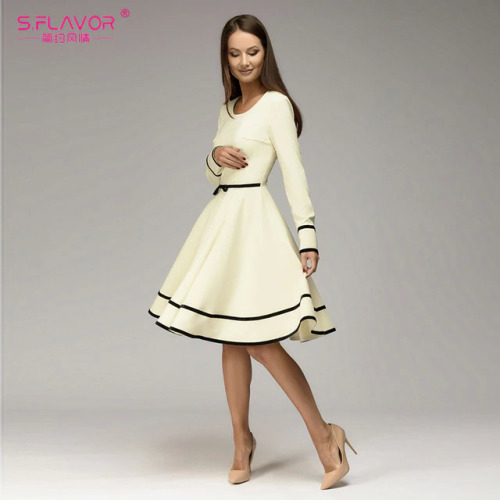 S.FLAVOR Women simple A-line dress 2019 Spring Summer O-neck long sleeve knee-length dress Elegnat women casual solid vestidos