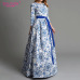 S.FLAVOR blue printing party long dress Elegant women three quarter sleeve backless sexy vestidos female bohemian Women dress