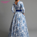 S.FLAVOR blue printing party long dress Elegant women three quarter sleeve backless sexy vestidos female bohemian Women dress