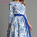 S.FLAVOR blue printing party long dress Elegant women three quarter sleeve backless sexy vestidos female bohemian Women dress