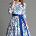 S.FLAVOR blue printing party long dress Elegant women three quarter sleeve backless sexy vestidos female bohemian Women dress