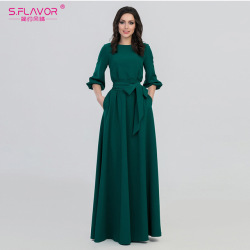 S.FLAVOR spring summer woman O-Neck long dress bohemian style slim vestidos vintage three quarter lantern sleeve casual dress