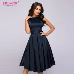 S.FLAVOR vintage style knee-length dress 2018 Summer fashion sleeveless elegant A-line vestidos with belt party short dress