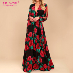 S.FLAVOR women bohemian long dress Hot sale rose printing V-neck sexy vestidos de festa spring summer fashion long sleeve dress