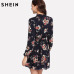 SHEIN Autumn Floral Women Dresses Multicolor Elegant Long Sleeve High Waist A Line Chic Dress Ladies Tie Neck Dress