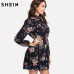 SHEIN Autumn Floral Women Dresses Multicolor Elegant Long Sleeve High Waist A Line Chic Dress Ladies Tie Neck Dress