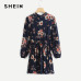 SHEIN Autumn Floral Women Dresses Multicolor Elegant Long Sleeve High Waist A Line Chic Dress Ladies Tie Neck Dress