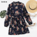 SHEIN Autumn Floral Women Dresses Multicolor Elegant Long Sleeve High Waist A Line Chic Dress Ladies Tie Neck Dress