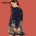 SHEIN Beach Contrast Lace Keyhole Back Floral Trapeze Round Neck Long Sleeve Dress Autumn Casual Women Spring Short Dresses