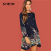 SHEIN Beach Contrast Lace Keyhole Back Floral Trapeze Round Neck Long Sleeve Dress Autumn Casual Women Spring Short Dresses