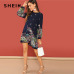 SHEIN Beach Contrast Lace Keyhole Back Floral Trapeze Round Neck Long Sleeve Dress Autumn Casual Women Spring Short Dresses