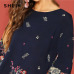 SHEIN Beach Contrast Lace Keyhole Back Floral Trapeze Round Neck Long Sleeve Dress Autumn Casual Women Spring Short Dresses