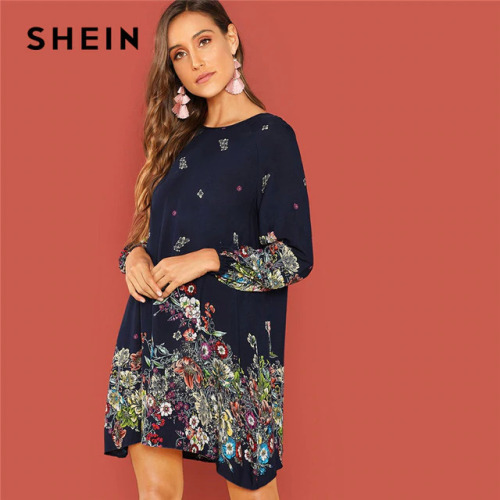 SHEIN Beach Contrast Lace Keyhole Back Floral Trapeze Round Neck Long Sleeve Dress Autumn Casual Women Spring Short Dresses