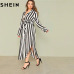 SHEIN Black And White Stripe V Neck Belted Plus Size Maxi Dress Spring Fall Office Lady High Waist Split Side Striped Dresses