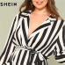 SHEIN Black And White Stripe V Neck Belted Plus Size Maxi Dress Spring Fall Office Lady High Waist Split Side Striped Dresses