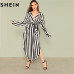 SHEIN Black And White Stripe V Neck Belted Plus Size Maxi Dress Spring Fall Office Lady High Waist Split Side Striped Dresses