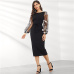 SHEIN Black Applique Embroidered Mesh Sleeve Pencil Dress Women Autumn Elegant Casual Boat Neck Bishop Sleeve Pencil Dresses