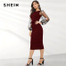 SHEIN Black Applique Embroidered Mesh Sleeve Pencil Dress Women Autumn Elegant Casual Boat Neck Bishop Sleeve Pencil Dresses