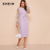 SHEIN Black Applique Embroidered Mesh Sleeve Pencil Dress Women Autumn Elegant Casual Boat Neck Bishop Sleeve Pencil Dresses