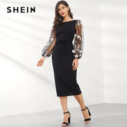 SHEIN Black Applique Embroidered Mesh Sleeve Pencil Dress Women Autumn Elegant Casual Boat Neck Bishop Sleeve Pencil Dresses