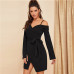 SHEIN Black Asymmetric Shoulder Wrap Dress Party Sheath Short A Line Plain Short Dresses Women Elegant Highstreet Autumn Dresses