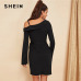 SHEIN Black Asymmetric Shoulder Wrap Dress Party Sheath Short A Line Plain Short Dresses Women Elegant Highstreet Autumn Dresses