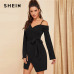 SHEIN Black Asymmetric Shoulder Wrap Dress Party Sheath Short A Line Plain Short Dresses Women Elegant Highstreet Autumn Dresses