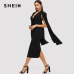 SHEIN Black Cape Sleeve Deep V Neck Shawl Surplice Collar Split Hem Pencil Bodycon Maxi Dress Women Spring Elegant Party Dresses