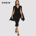 SHEIN Black Cape Sleeve Deep V Neck Shawl Surplice Collar Split Hem Pencil Bodycon Maxi Dress Women Spring Elegant Party Dresses